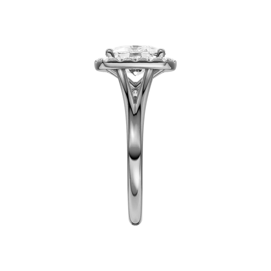A side view of the Elongated Cushion cut diamond engagement ring in 14k white gold with a plain band and solitaire setting