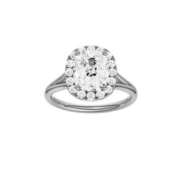 A front view of the Elongated Cushion cut diamond engagement ring in 14k white gold with a plain band and solitaire setting