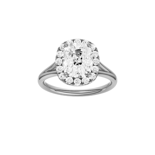 A front view of the Elongated Cushion cut diamond engagement ring in 14k white gold with a plain band and solitaire setting