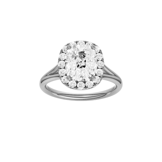 A front view of the Elongated Cushion cut diamond engagement ring in platinum with a plain band and solitaire setting