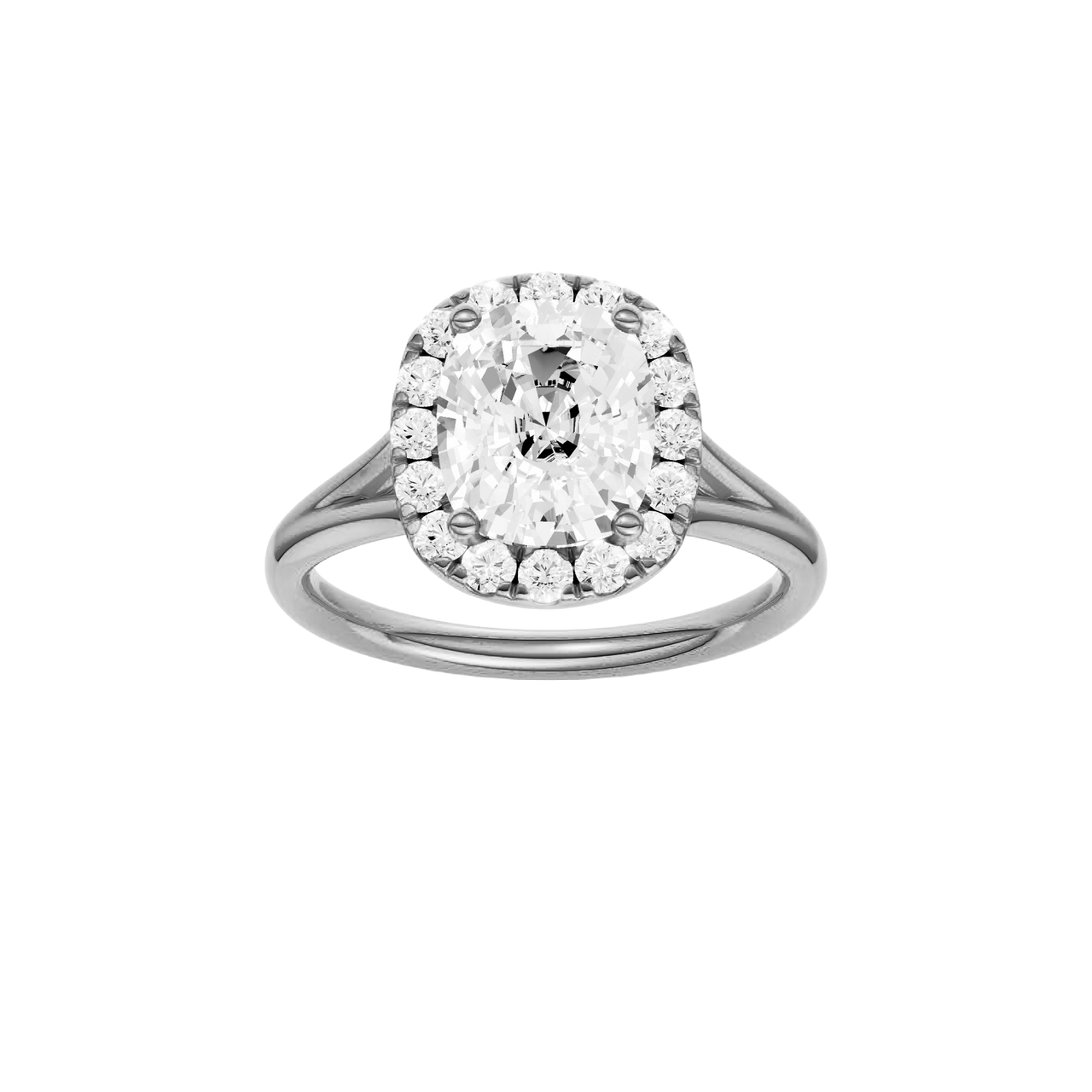 A front view of the Elongated Cushion cut diamond engagement ring in platinum with a plain band and solitaire setting