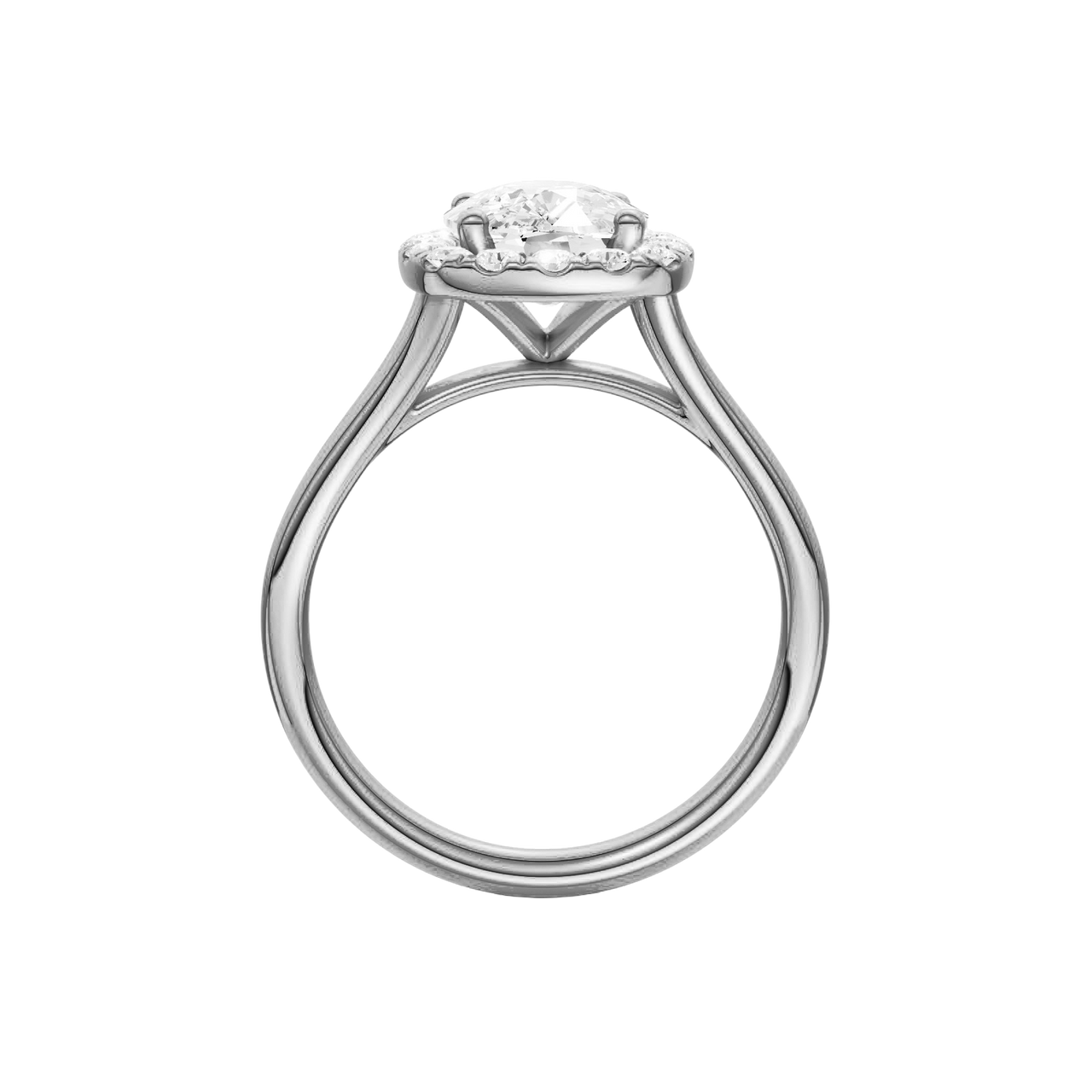 A profile view of the Elongated Cushion cut diamond engagement ring in platinum with a plain band and solitaire setting