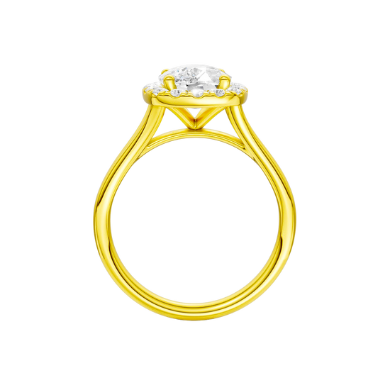 A profile view of the Elongated Cushion cut diamond engagement ring in 14k yellow gold with a plain band and solitaire setting