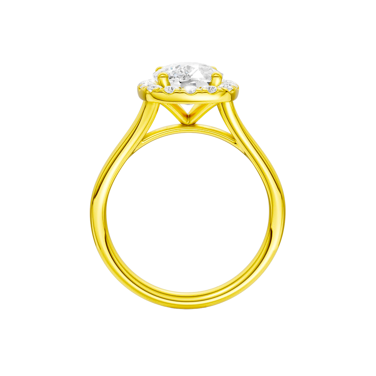 A profile view of the Elongated Cushion cut diamond engagement ring in 14k yellow gold with a plain band and solitaire setting