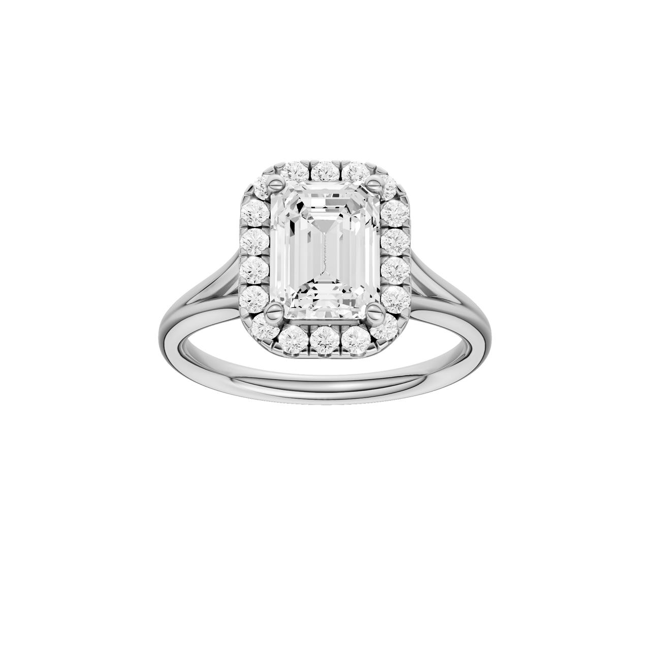 A front view of the Emerald cut diamond engagement ring in platinum with a plain band and halo setting