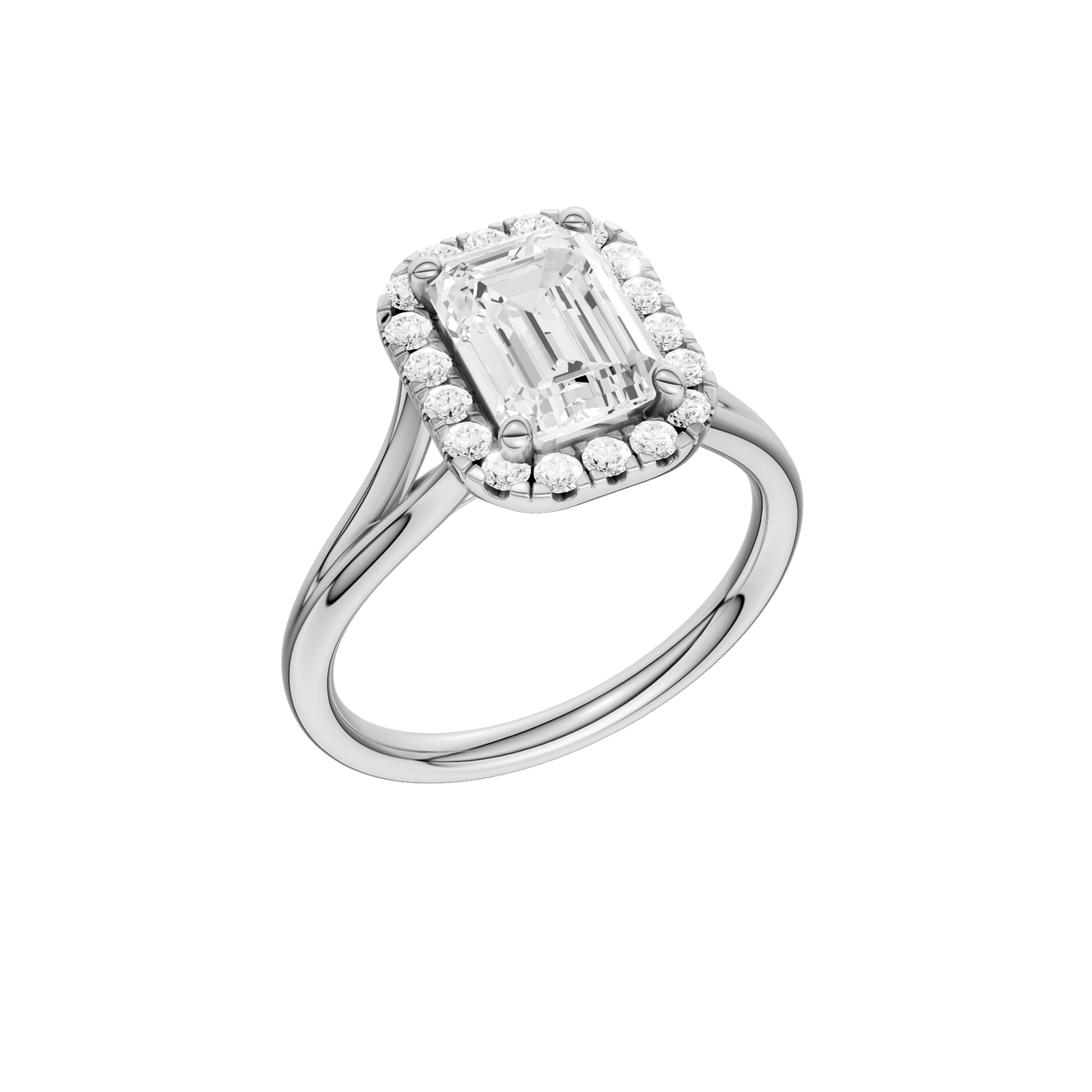 A three-quarter view of the Emerald cut diamond engagement ring in 14k white gold with a plain band and halo setting