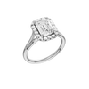 A three-quarter view of the Emerald cut diamond engagement ring in platinum with a plain band and halo setting