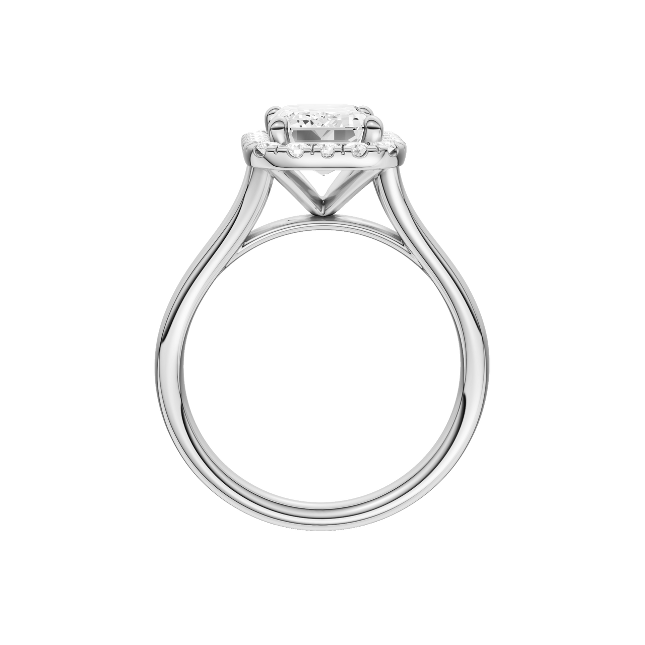 A profile view of the Emerald cut diamond engagement ring in platinum with a plain band and halo setting