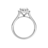 A profile view of the Emerald cut diamond engagement ring in 14k white gold with a plain band and halo setting