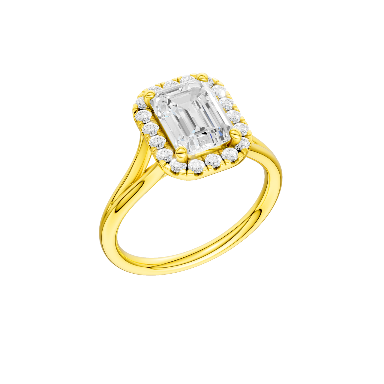 A three-quarter view of the Emerald cut diamond engagement ring in 14k yellow gold with a plain band and halo setting