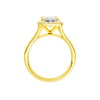 A profile view of the Emerald cut diamond engagement ring in 14k yellow gold with a plain band and halo setting