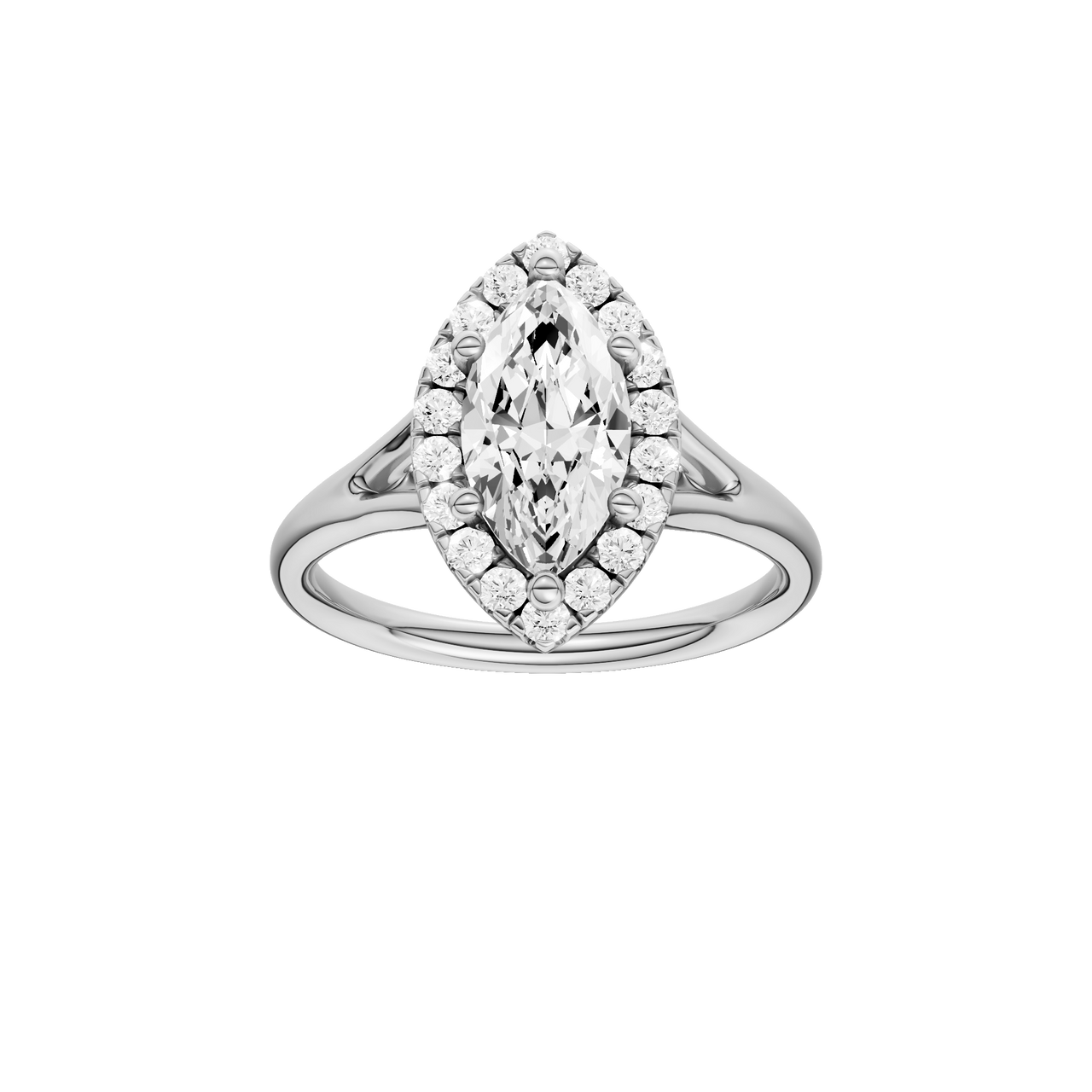 A front view of the Marquise cut diamond engagement ring in platinum with a plain band and solitaire setting