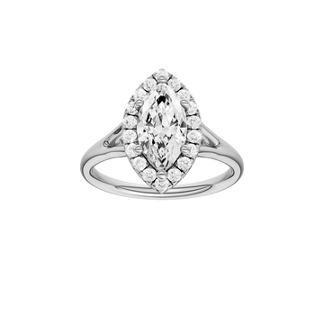 A front view of the Marquise cut diamond engagement ring in 14k white gold with a plain band and solitaire setting