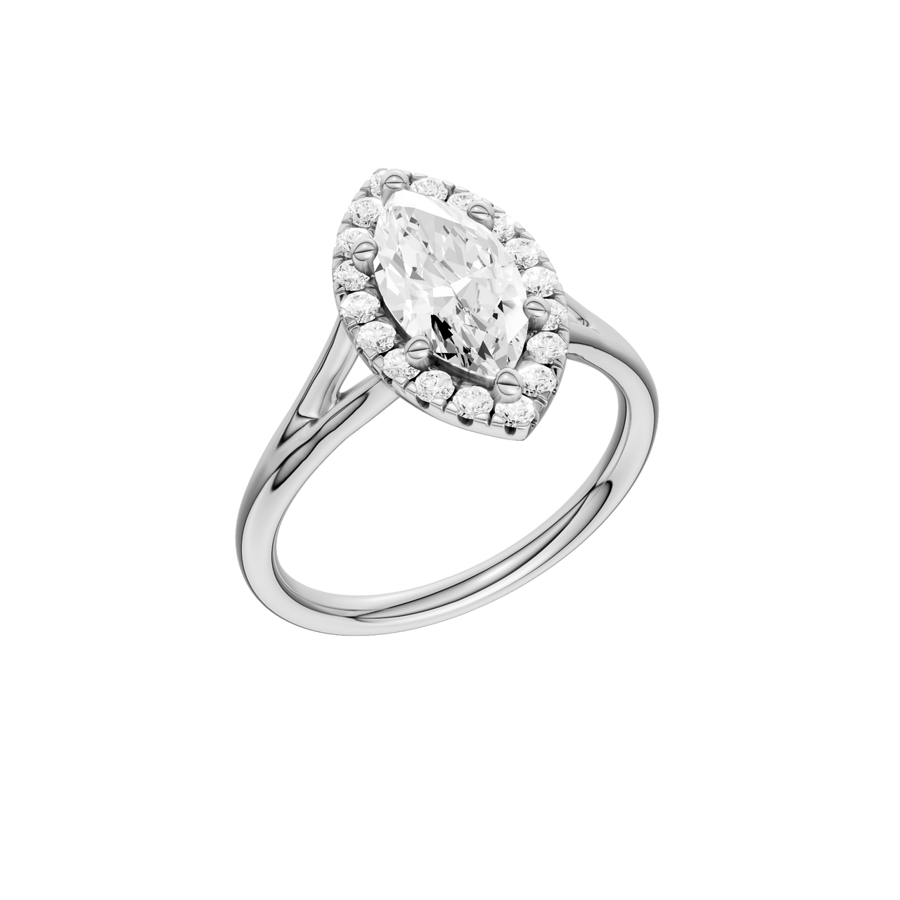 A three-quarter view of the Marquise cut diamond engagement ring in 14k white gold with a plain band and solitaire setting