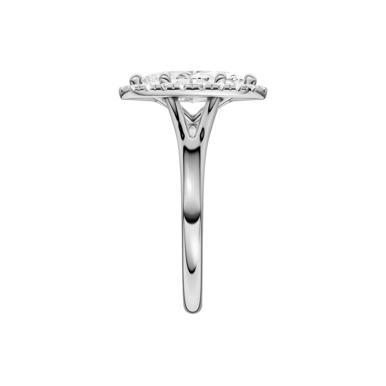 A side view of the Marquise cut diamond engagement ring in 14k white gold with a plain band and solitaire setting