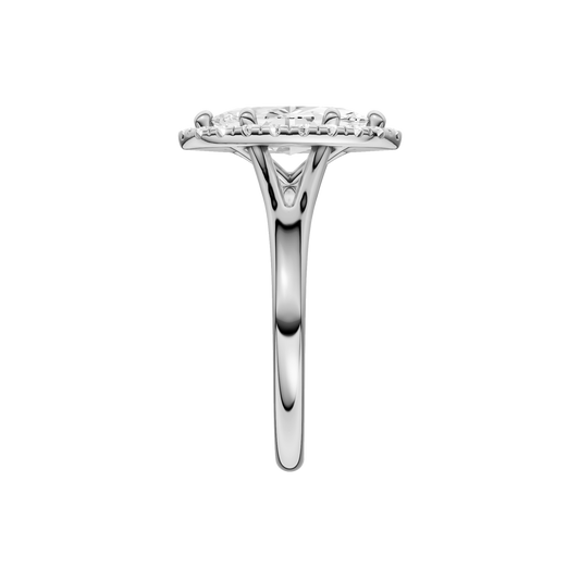 A side view of the Marquise cut diamond engagement ring in 14k white gold with a plain band and solitaire setting