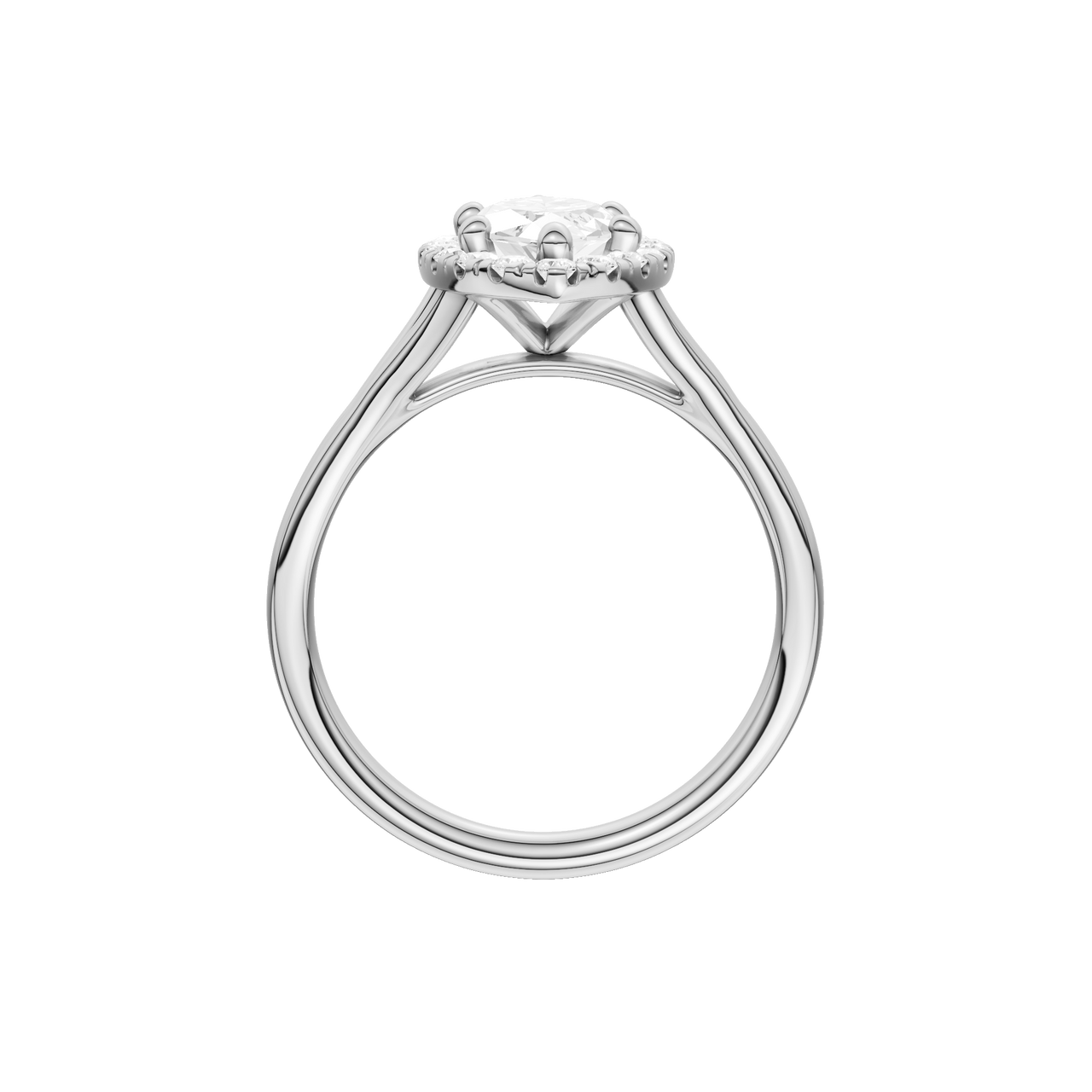 A profile view of the Marquise cut diamond engagement ring in platinum with a plain band and solitaire setting