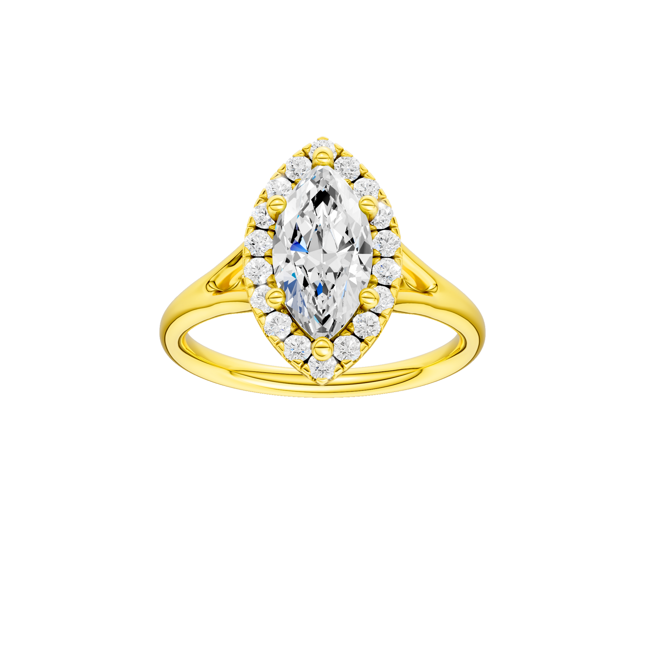 A front view of the Marquise cut diamond engagement ring in 14k yellow gold with a plain band and solitaire setting