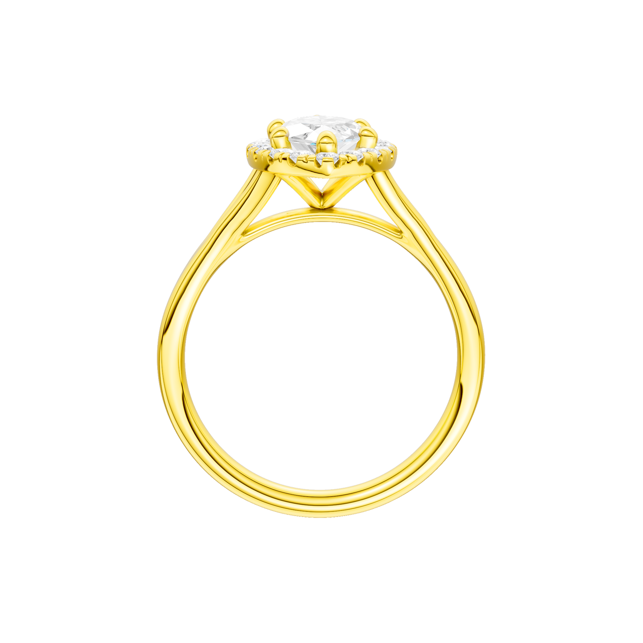 A profile view of the Marquise cut diamond engagement ring in 14k yellow gold with a plain band and solitaire setting