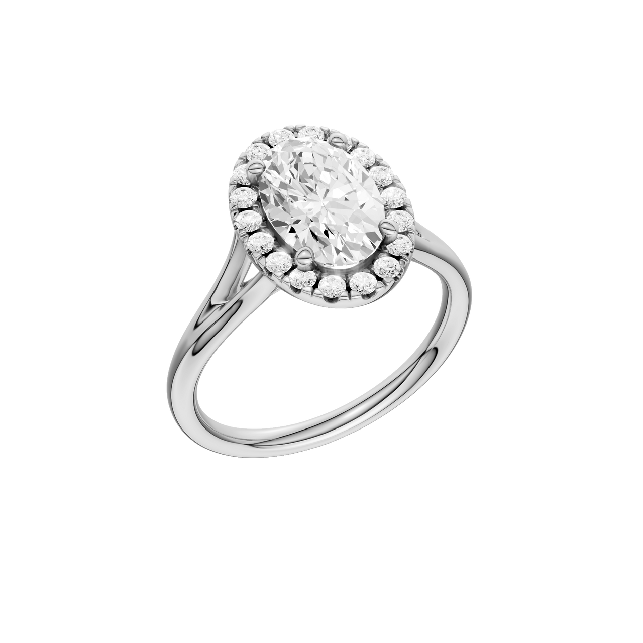 A three-quarter view of the Oval cut diamond engagement ring in platinum with a plain band and solitaire setting