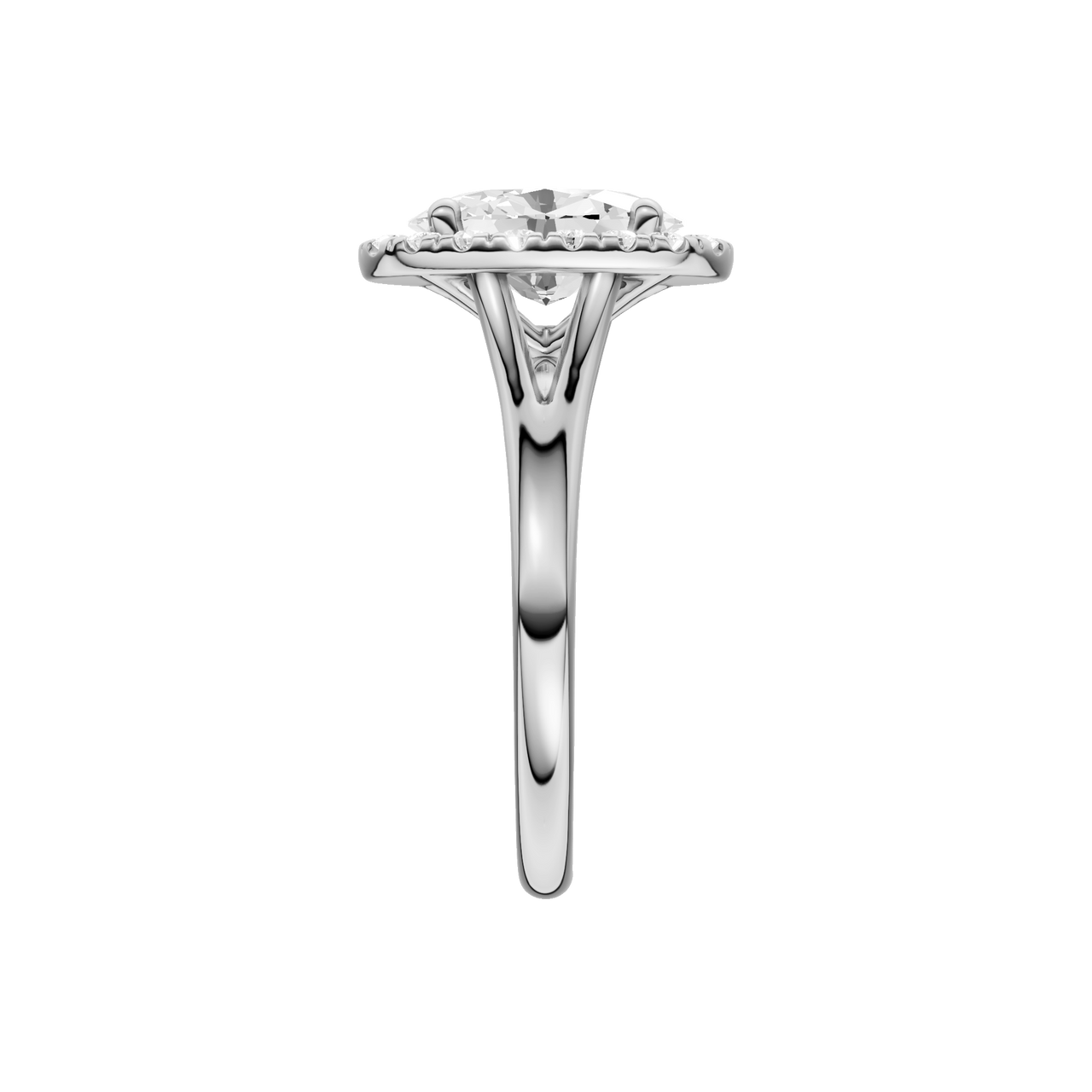 A side view of the Oval cut diamond engagement ring in platinum with a plain band and solitaire setting