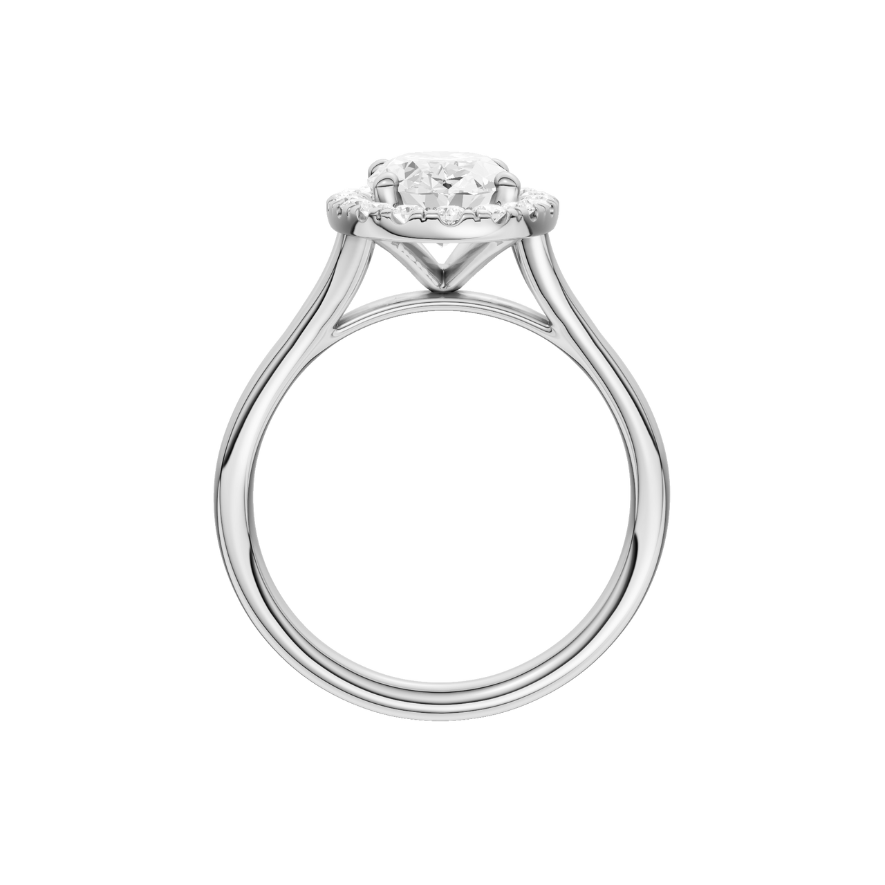 A profile view of the Oval cut diamond engagement ring in platinum with a plain band and solitaire setting
