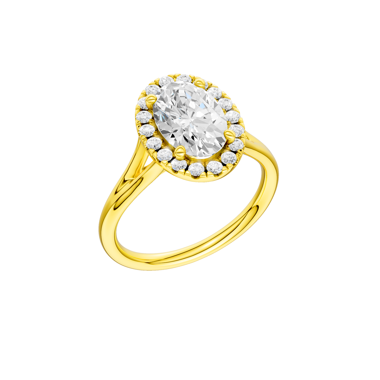 A three-quarter view of the Oval cut diamond engagement ring in 14k yellow gold with a plain band and solitaire setting