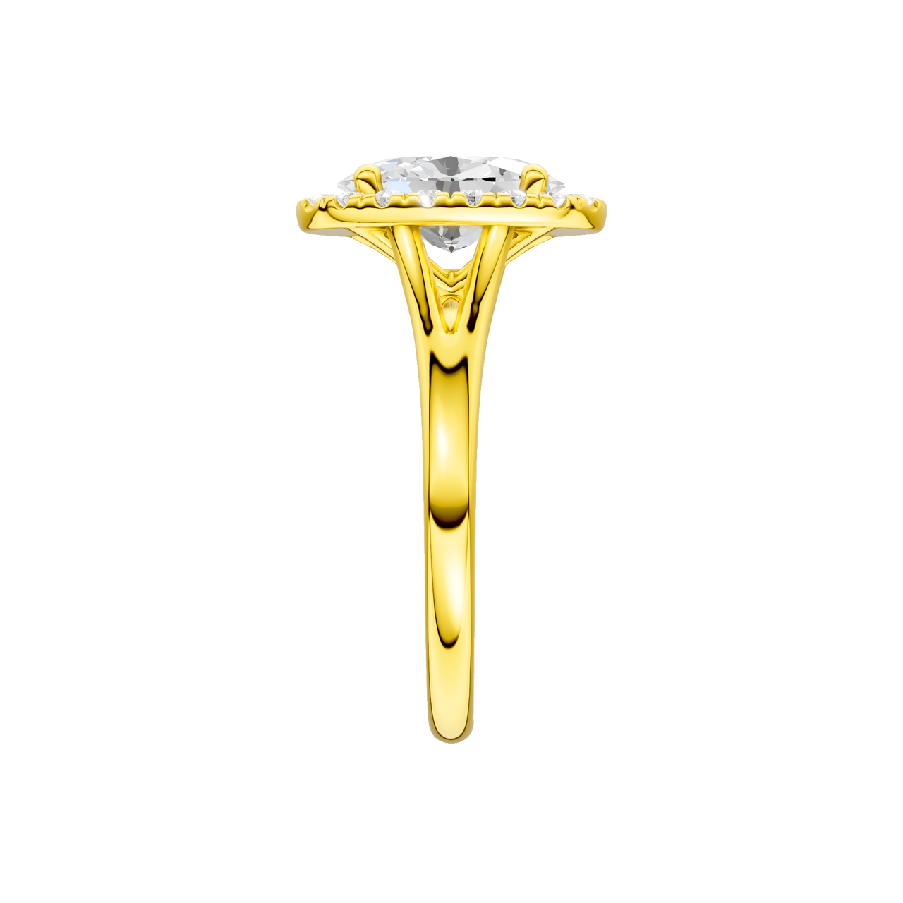 A side view of the Oval cut diamond engagement ring in 14k yellow gold with a plain band and solitaire setting