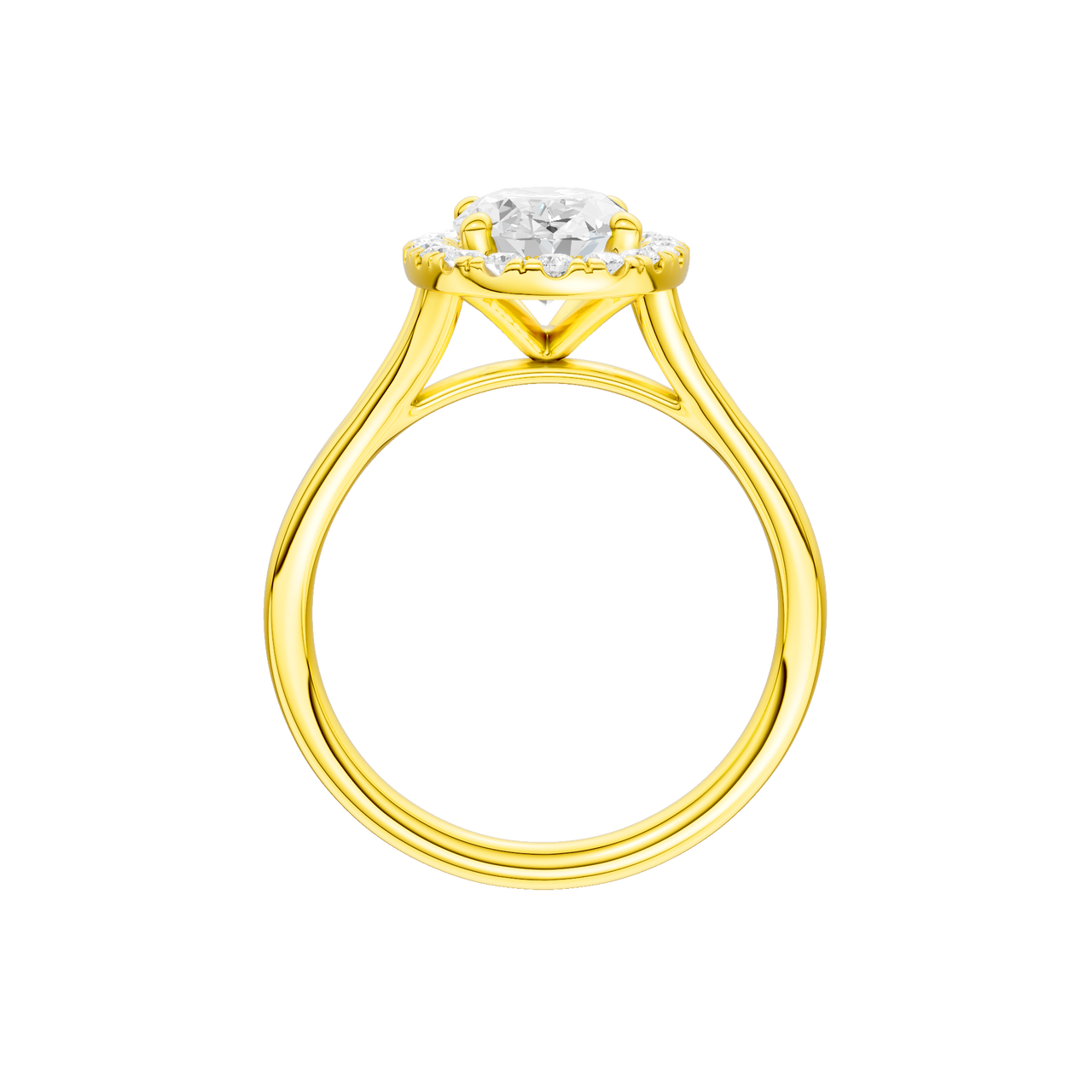 A profile view of the Oval cut diamond engagement ring in 14k yellow gold with a plain band and solitaire setting