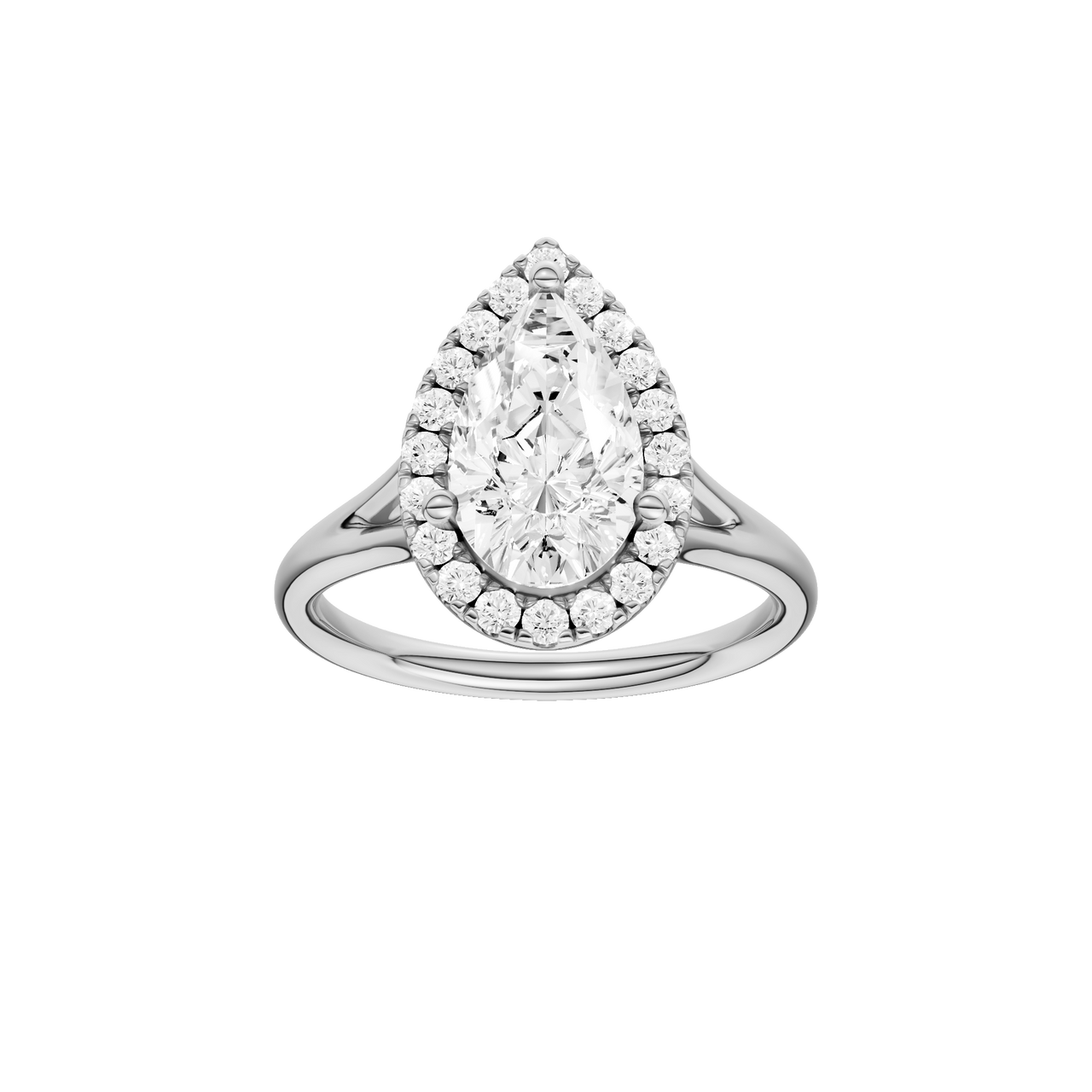 A front view of the Pear cut diamond engagement ring in 14k white gold with a plain band and solitaire setting