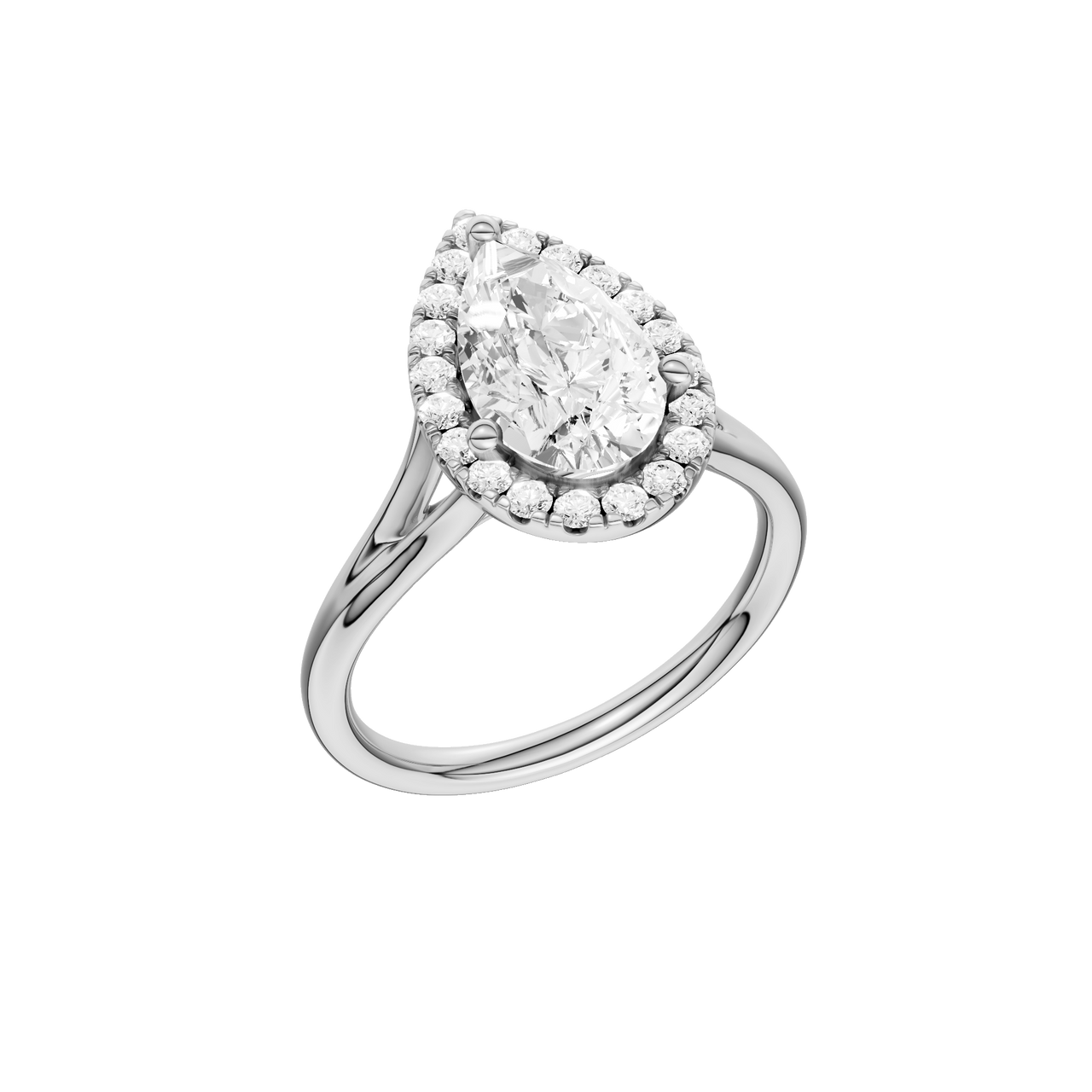A three-quarter view of the Pear cut diamond engagement ring in 14k white gold with a plain band and solitaire setting