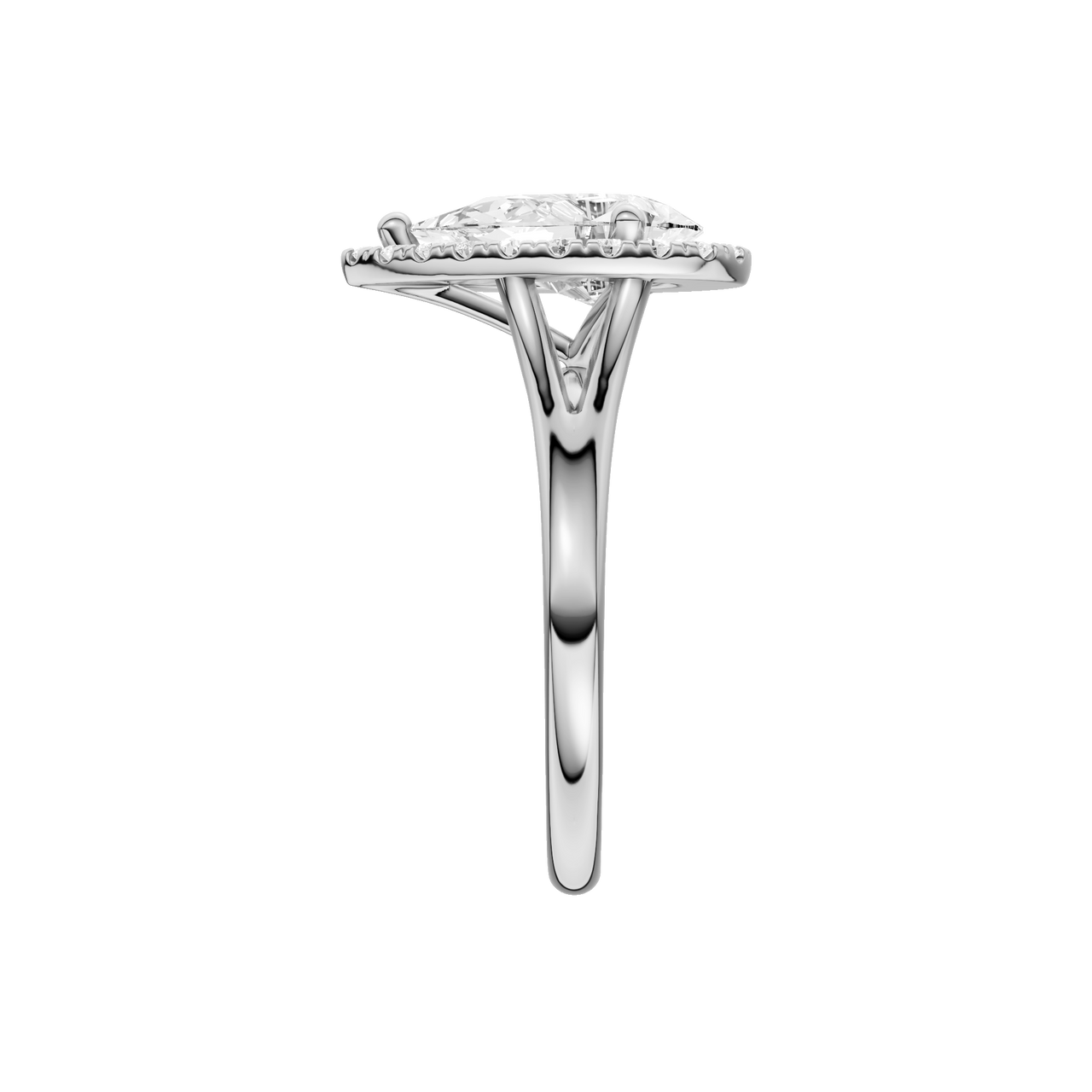 A side view of the Pear cut diamond engagement ring in platinum with a plain band and solitaire setting