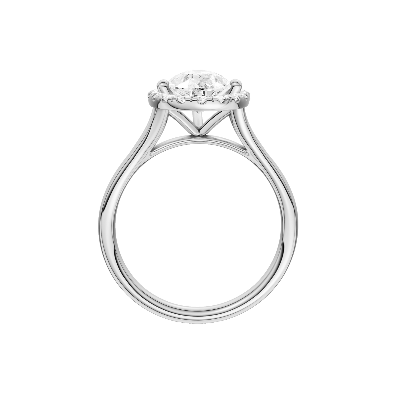A profile view of the Pear cut diamond engagement ring in platinum with a plain band and solitaire setting