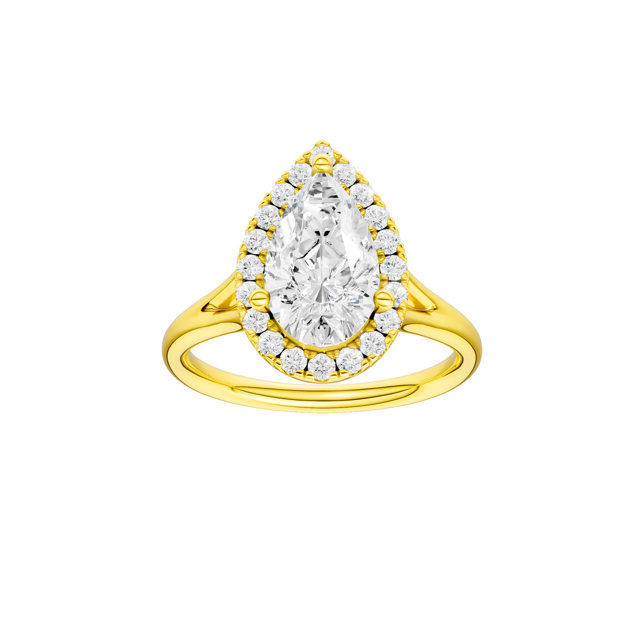 A front view of the Pear cut diamond engagement ring in 14k yellow gold with a plain band and solitaire setting