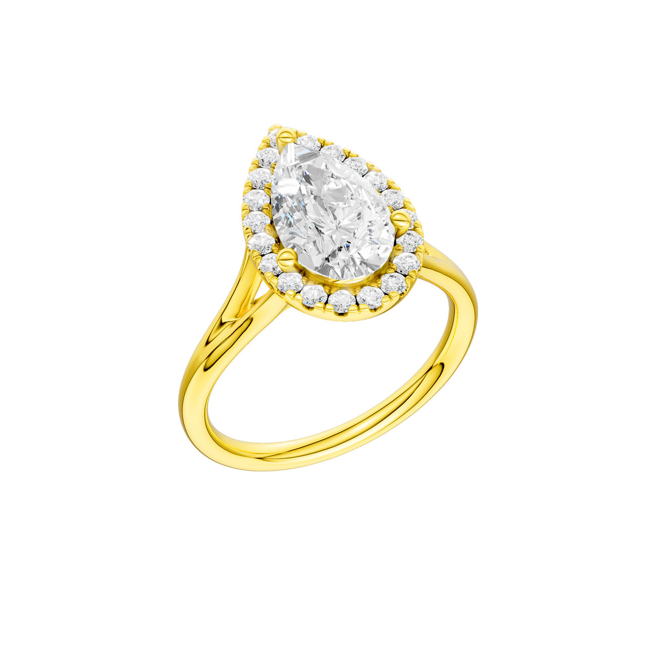 A three-quarter view of the Pear cut diamond engagement ring in 14k yellow gold with a plain band and solitaire setting