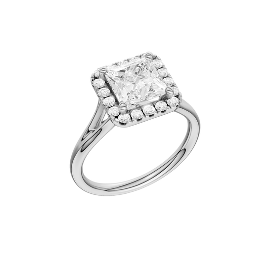 A three-quarter view of the Princess cut diamond engagement ring in 14k white gold with a plain band and solitaire setting