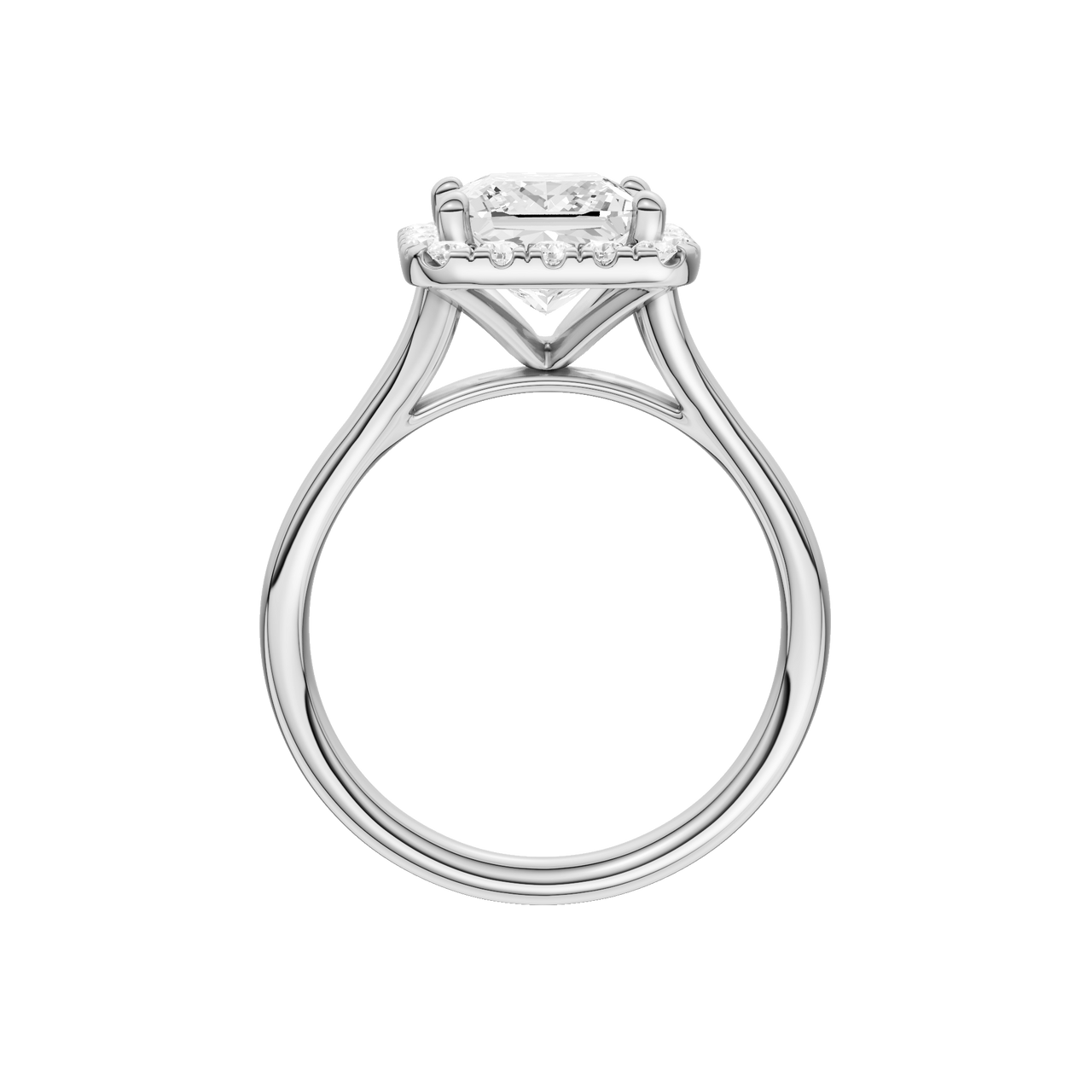 A profile view of the Princess cut diamond engagement ring in 14k white gold with a plain band and solitaire setting