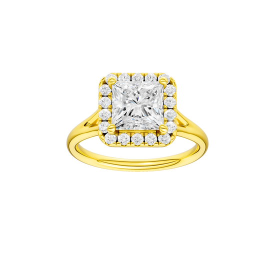 A front view of the Princess cut diamond engagement ring in 14k yellow gold with a plain band and solitaire setting