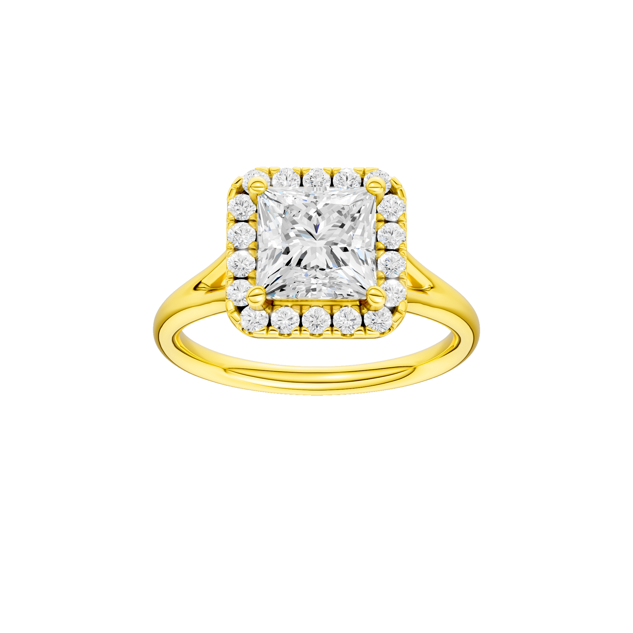A front view of the Princess cut diamond engagement ring in 14k yellow gold with a plain band and solitaire setting
