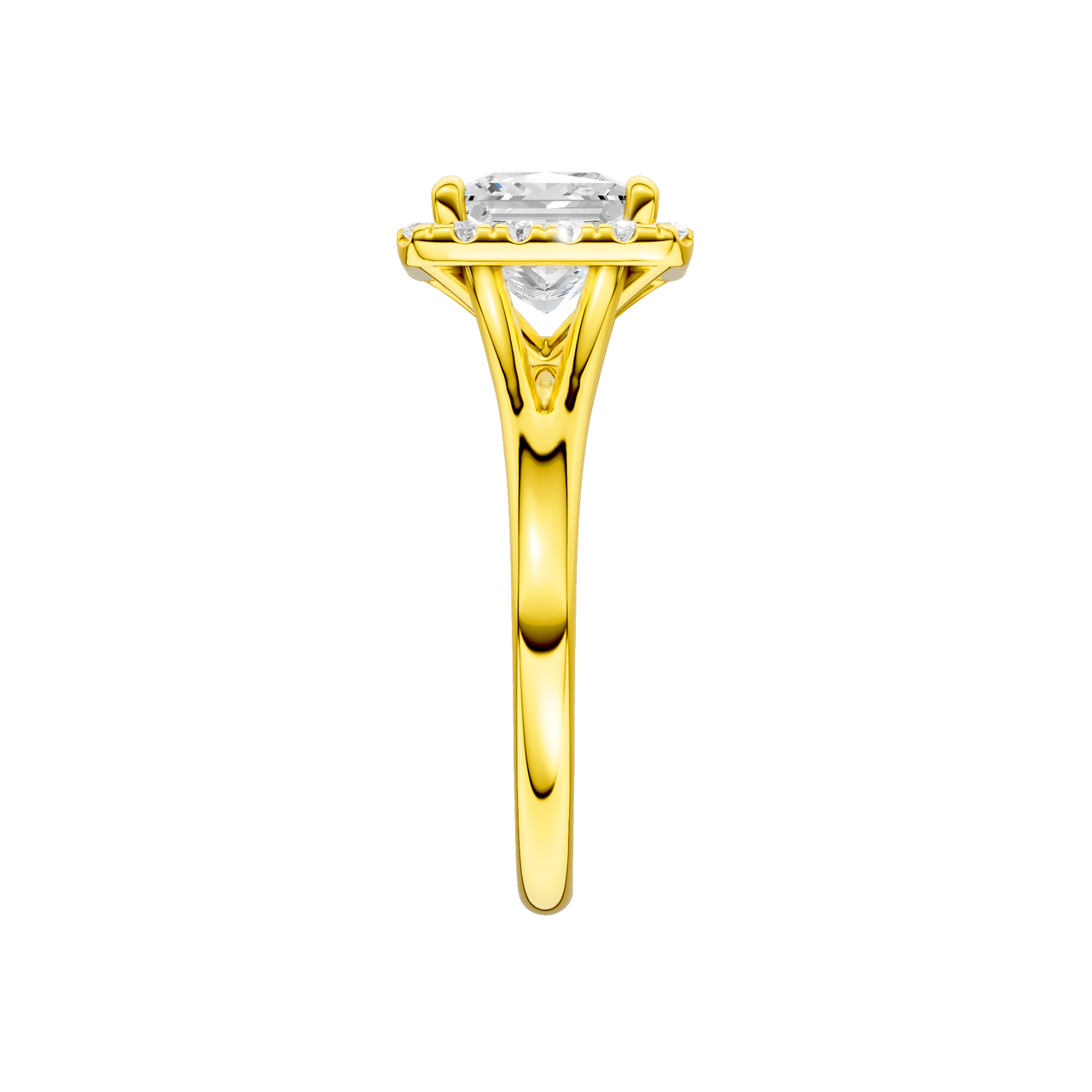 A side view of the Princess cut diamond engagement ring in 14k yellow gold with a plain band and solitaire setting
