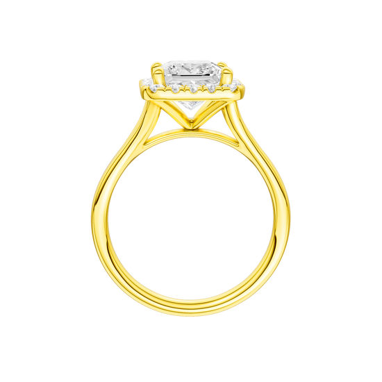 A profile view of the Princess cut diamond engagement ring in 14k yellow gold with a plain band and solitaire setting