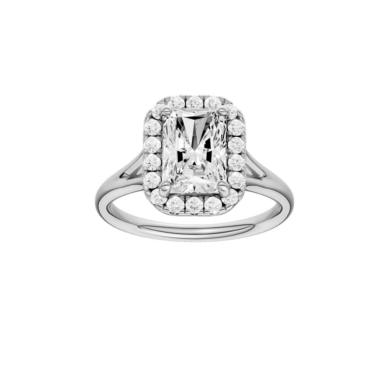 A front view of the Radiant cut diamond engagement ring in 14k white gold with a plain band and halo setting