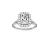 A front view of the Radiant cut diamond engagement ring in platinum with a plain band and halo setting