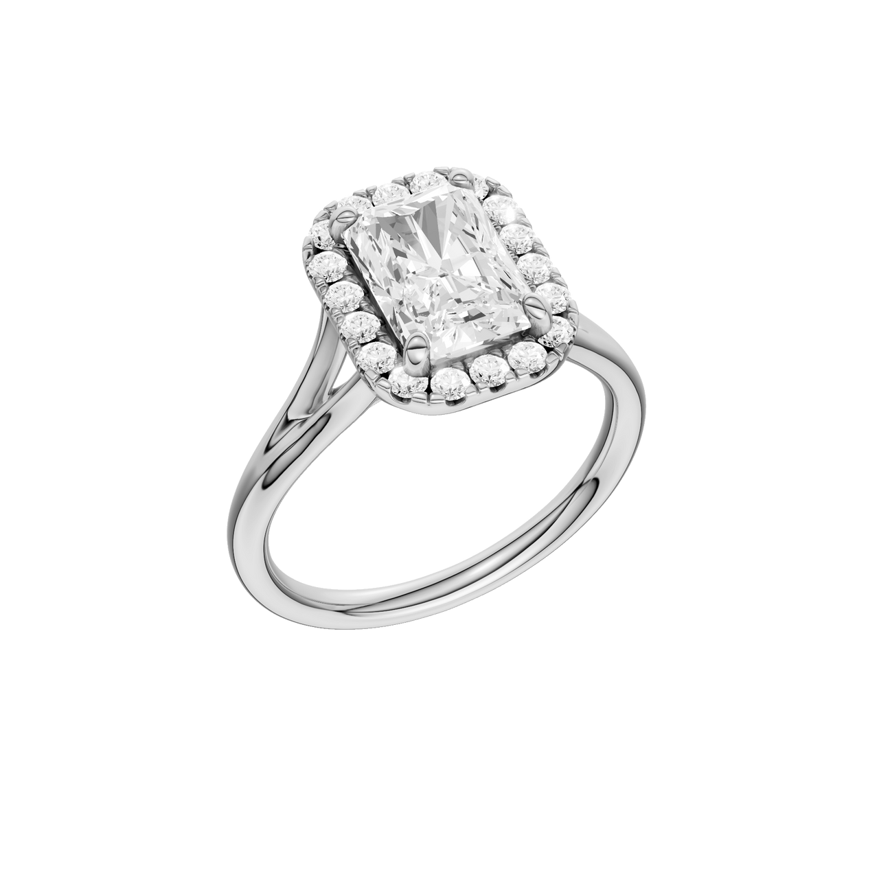 A three-quarter view of the Radiant cut diamond engagement ring in platinum with a plain band and halo setting