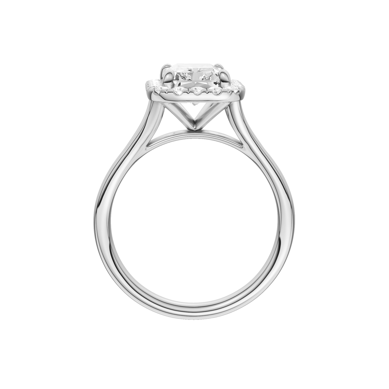 A profile view of the Radiant cut diamond engagement ring in 14k white gold with a plain band and halo setting