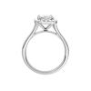 A profile view of the Radiant cut diamond engagement ring in platinum with a plain band and halo setting
