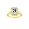 A front view of the Radiant cut diamond engagement ring in 14k yellow gold with a plain band and halo setting