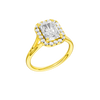 A three-quarter view of the Radiant cut diamond engagement ring in 14k yellow gold with a plain band and halo setting