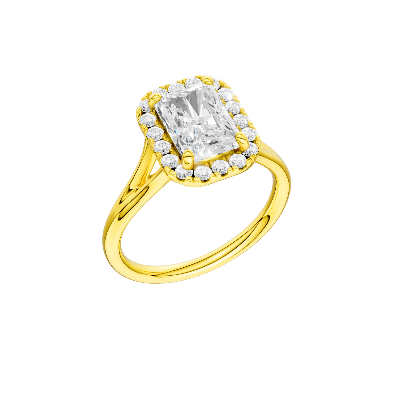 A three-quarter view of the Radiant cut diamond engagement ring in 14k yellow gold with a plain band and halo setting