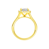 A profile view of the Radiant cut diamond engagement ring in 14k yellow gold with a plain band and halo setting